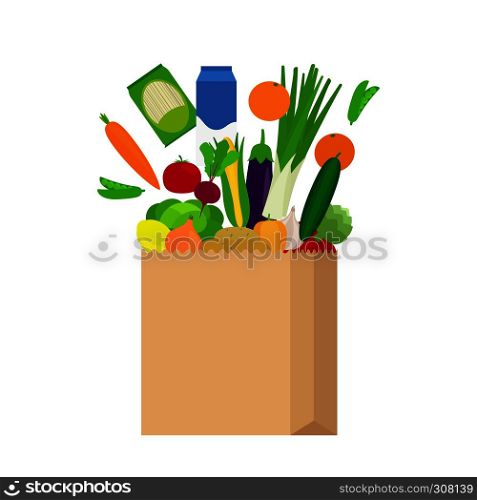 Paper bag with fresh food products in flat style on white background vector illustration. Paper bag with fresh food