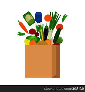 Paper bag with fresh food products in flat style on white background vector illustration. Paper bag with fresh food