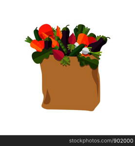 Paper bag with healthy foods, vegetables. Healthy organic natural food. Grocery delivery concept. Flat vector illustration. 100 percent natural, organic on a paper bag full of fresh vegetables. Concept of diet, vegetarian, vegan. Grocery delivery concept. Vector isolated illustration