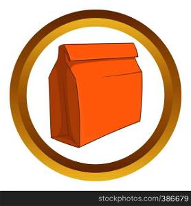 Paper bag with lunch vector icon in golden circle, cartoon style isolated on white background. Paper bag with lunch vector icon