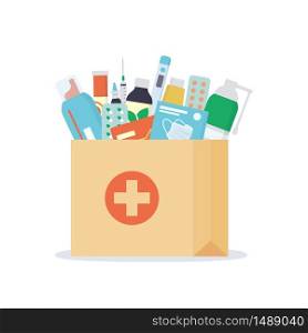 Paper bag with medicines, drugs, pills and bottles inside. Home delivery pharmacy service. Vector illustration in flat style on white background. Paper bag with medicines, drugs, pills and bottles inside. Home delivery pharmacy service.