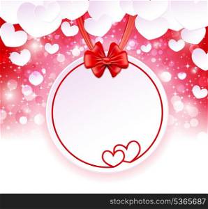 Paper banner with two hearts, bow and ribbons on the glowing background with paper hearts
