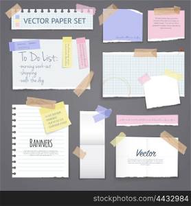 Paper Banners Set With Sticky Tape. Paper banners with notes set attached with sticky colorful tape on grey background isolated realistic vector illustration