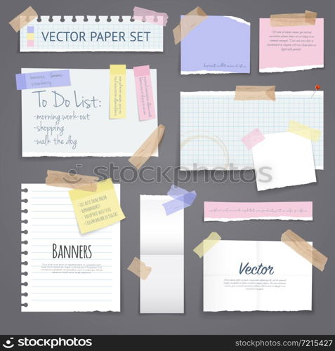 Paper banners with notes set attached with sticky colorful tape on grey background isolated realistic vector illustration. Paper Banners Set With Sticky Tape