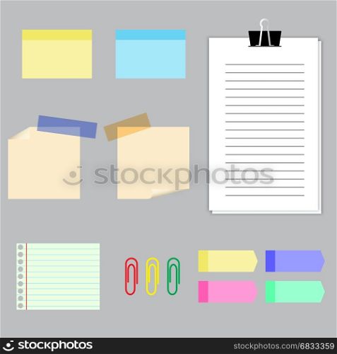 Paper banners with notes set. Paper banners with notes set attached with sticky colorful tape on grey background isolated realistic vector illustration