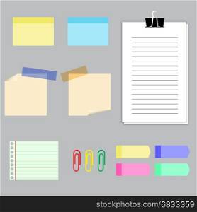 Paper banners with notes set. Paper banners with notes set attached with sticky colorful tape on grey background isolated realistic vector illustration