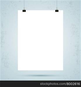 Paper binder clip. Sheet of paper with binder clips. Grunge wall background. Vector illustration.