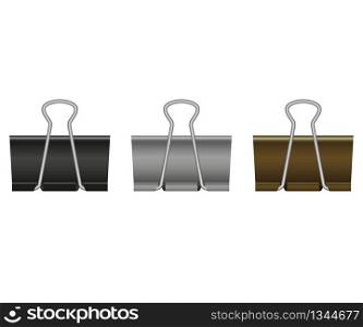 Paper binder clips isolated on white background. Black, bronze, silver, metal paper clip. Stationary metal paper holder for office, school, documents, notes, education. Tools binders on desk. Vector.. Paper binder clips isolated on white background. Black, bronze, silver, metal paper clip. Stationary metal paper holder for office, school, documents, notes, education. Tools binders on desk. Vector