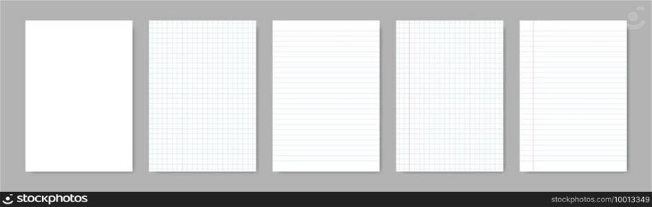 Paper blank sheets with lines. Vector isolated papers a4 with lines grid. Grid page notebook with margin. Mockup papers template. Stock vector. EPS 10