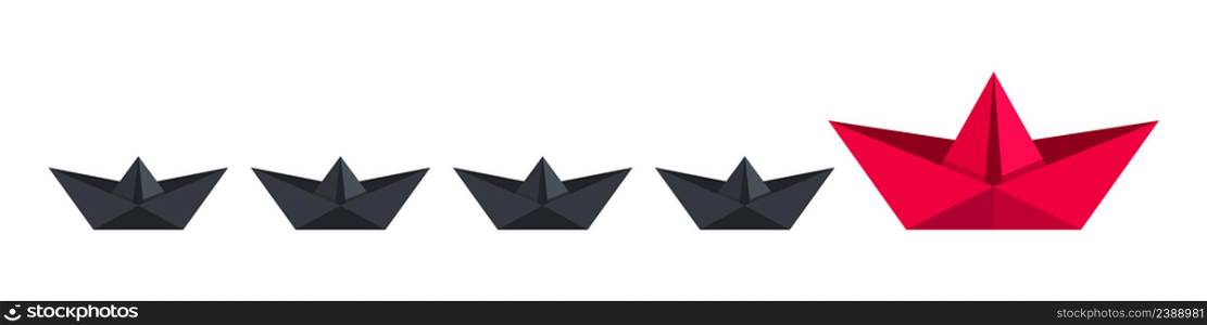 Paper boat. Red paper boat leads black paper ships. Vector illustration