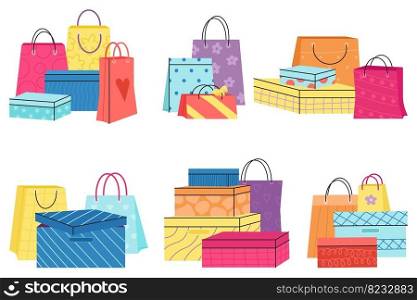 Paper box and bags stack. Shoes boxes collection, craft store branding gifts and purchase. Cardboard paper decorative package decent vector set of bag package and box packet illustration. Paper box and bags stack. Shoes boxes collection, craft store branding gifts and purchase. Cardboard paper decorative package decent vector set