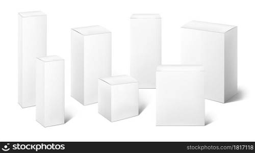 Paper box mockup. Realistic blank white 3D carton package. Long tall rectangular cardboard pack template with shadow. Closed square packaging for branding. Vector advertising empty container set. Paper box mockup. Realistic blank 3D carton package. Long tall rectangular cardboard pack template with shadow. Square packaging for branding. Vector advertising empty container set