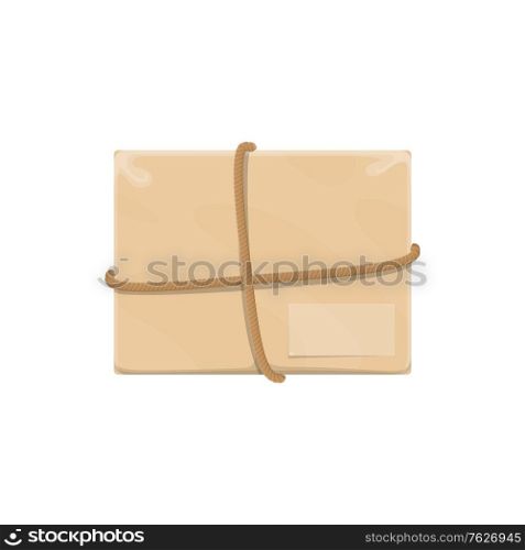 Paper box package bandaged by rope vector isolated icon. Parcel post wired by cord. Parcel bandaged by cord isolated