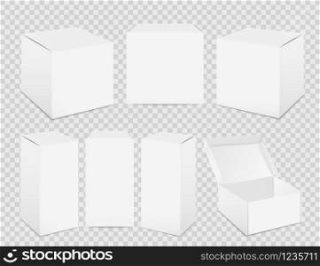 Paper boxes. Realistic tall white cardboard package mockup, paper food container. Vector set isolated pack for medicine on transparent background. Paper boxes. Realistic tall white cardboard package mockup, paper food container. Vector set isolated on transparent background