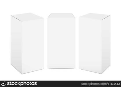 Paper boxes. White cardboard package mockup, realistic 3D rectangular medicine and food pack. Vector set illustration cubic tall blank mock up of product containers. Paper boxes. White cardboard package mockup, realistic 3D rectangular medicine and food pack. Vector set of product containers