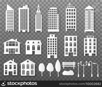 Paper buildings. Origami papercut city houses. Cardboard skyscrapers with lanterns, trees and benches, bushes. White urban vector elements with shadows. Illustration papercut, skyscraper and trees. Paper buildings. Origami papercut city houses. Cardboard skyscrapers with lanterns, trees and benches, bushes. White urban vector elements with shadows