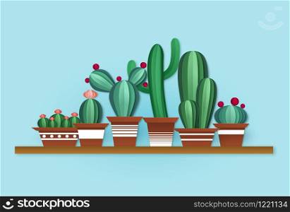 Paper cactus. Cute cacti with flowers in pots on shelf in origami style. Home interior tropical and desert plant decor or blooming succulent vector illustration. Paper cactus. Cute cacti with flowers in pots on shelf in origami style. Home interior tropical and desert plant decor vector illustration