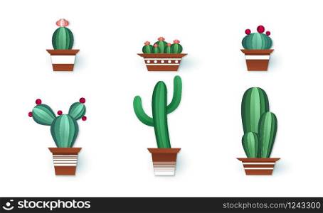 Paper cactuses. Cute interior home decor, paper cut cactus with pink flower in pots, floral cacti plant, succulents origami style vector set