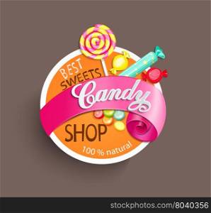 Paper candy shop label with ribbon, vector illustration.
