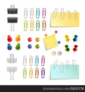 Paper Clip And Pin Set. Paper clips binders and pins white black and colored 3d object set isolated vector illustration