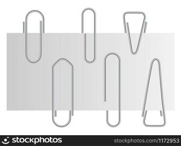 Paper clip. Business office note attach. Metal paperclip element for paperwork. School education notbook attachement supplies. Letter holder shape design. memo page fastener group. Paper clip. Metal paperclip. Office note attach