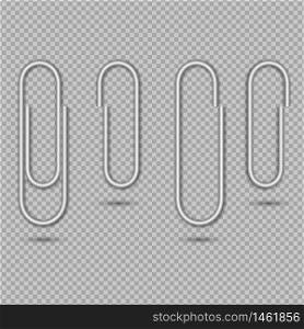 Paper clip for attach note, office memo, post. Metal paperclip isolated on transparent background. Set of silver holder binder clip with shadow. Paper clips attached to list paper. vector illustration
