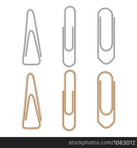 Paper clip. Metal paperclip office attach isolated on white background. Realistic silver and golden binder. Stationery fix tool for page, card. Yellow and chrome staple. Document equipment. Paper clip. Metal paperclip office attach isolated