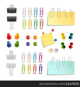 Paper clips binders and pins white black and colored 3d object set isolated vector illustration. Paper Clip And Pin Set