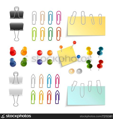 Paper clips binders and pins white black and colored 3d object set isolated vector illustration. Paper Clip And Pin Set