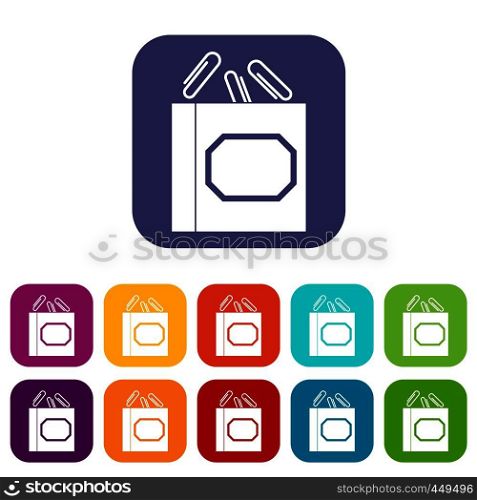 Paper clips box icons set vector illustration in flat style In colors red, blue, green and other. Paper clips box icons set flat