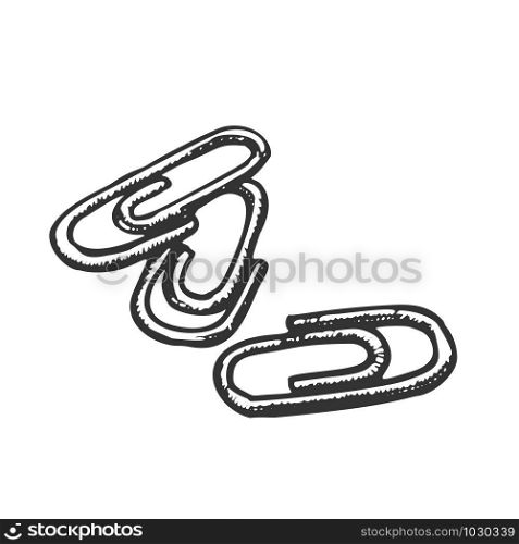 Paper Clips Office Stationery Monochrome Vector. Document Clips Fastener. Attach And Holder Tool Engraving Concept Template Hand Drawn In Vintage Style Black And White Illustration. Paper Clips Office Stationery Monochrome Vector