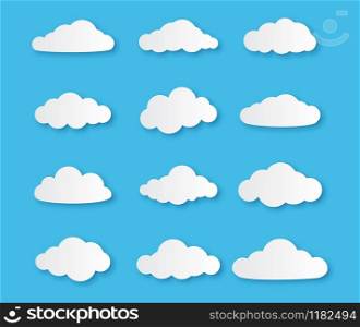 Paper cloud. Different clouds on blue sky in origami design, cut paper empty cumulus cardboard symbol for messages vector set. Paper cloud. Different clouds on blue sky in origami design, cut paper cumulus symbol for messages vector set