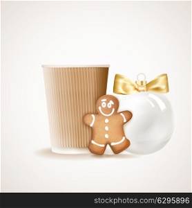 Paper coffee cup, gingerbread man and christmas ball on a white background.