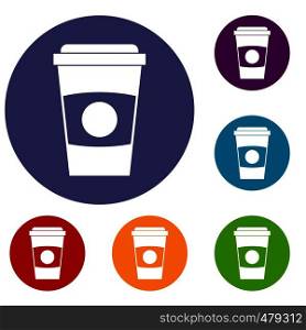 Paper coffee cup icons set in flat circle red, blue and green color for web. Paper coffee cup icons set