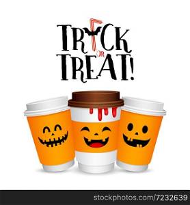 paper coffee cups cartoon character. Trick or treat concept. Sweet lollipop candy treats for kids. Illustration design for greeting card, poster banner and print.