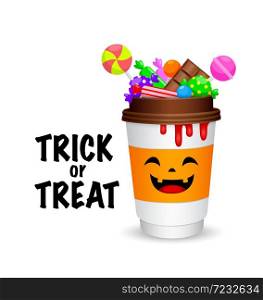 paper coffee cups cartoon character with candies. Trick or treat concept. Sweet lollipop candy treats for kids. Illustration design for greeting card, poster banner and print.