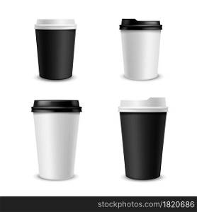 Paper coffee cups realistic. White and black paper cup different size, blank container with plastic lid. 3d morning aroma latte mocha cappuccino hot drinks, package branding mockup vector isolated set. Paper coffee cups realistic. White and black paper cup different size, blank container with plastic lid. 3d morning aroma latte and cappuccino hot drinks, package branding mockup vector isolated set