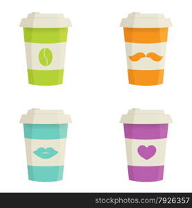 Paper coffee cups set on a white background. Vector illustration in flat colors. Paper coffee cups set on a white background.