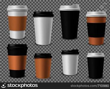 Paper coffee cups set. White paper cups, blank brown container with lid for latte mocha cappuccino drinks realistic vector 3d mockups for street cafe. Paper coffee cups set. White paper cups, blank brown container with lid for latte mocha cappuccino drinks realistic vector 3d mockups