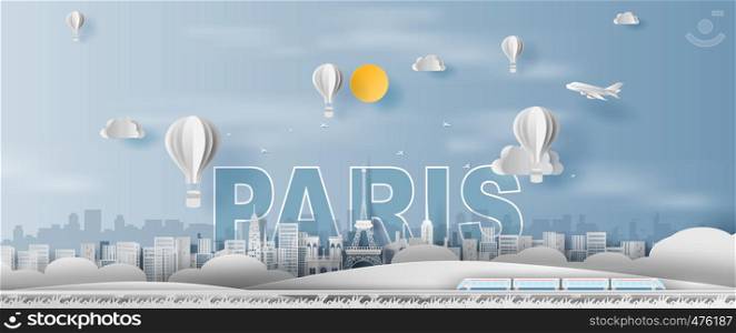 Paper craft and cut of Traveling holiday Eiffel tower Paris city France,Travel holiday time transportation train landmarks landscape concept,Creative paper art white balloon.illustration.vector.