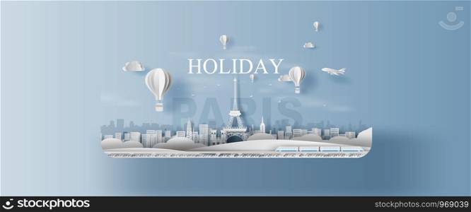 Paper craft and cut style of Panorama Traveling holiday landmarks landscape Eiffel tower Paris city France.Creative origami travel festival season plan trip concept.Vacation party illustration.vector.