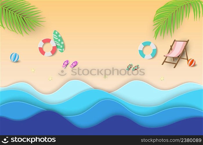 Paper craft tropical beach background,summertime relaxation with view of blue sea and equipment on sand beach,vector illustration