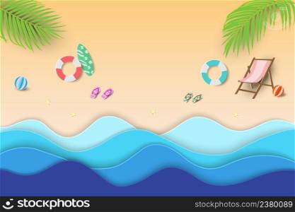 Paper craft tropical beach background,summertime relaxation with view of blue sea and equipment on sand beach,vector illustration