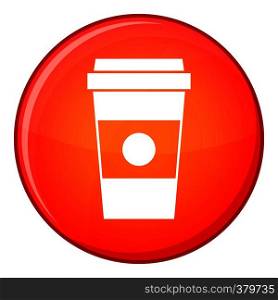 Paper cup of coffee icon in red circle isolated on white background vector illustration. Paper cup of coffee icon, flat style