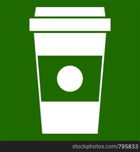 Paper cup of coffee icon white isolated on green background. Vector illustration. Paper cup of coffee icon green