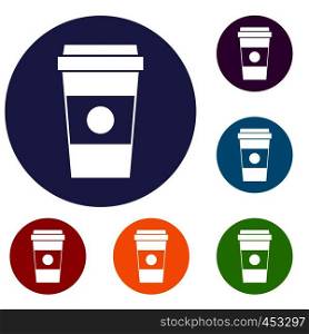 Paper cup of coffee icons set in flat circle reb, blue and green color for web. Paper cup of coffee icons set