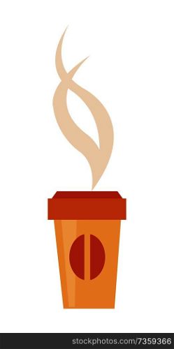 Paper cup of tasty hot coffee with plastic cover, bean picture at side and steam above isolated cartoon flat vector illustration on white background.. Paper Cup of Tasty Hot Coffee with Cover and Steam
