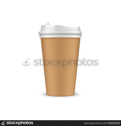 Paper cup with lid isolated takeaway coffee drink template. Vector mockup of takeout beverage. Coffee cup with lid isolated takeaway drinks pack