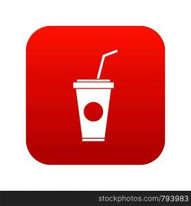 Paper cup with straw icon digital red for any design isolated on white vector illustration. Paper cup with straw icon digital red