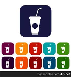 Paper cup with straw icons set vector illustration in flat style in colors red, blue, green, and other. Paper cup with straw icons set